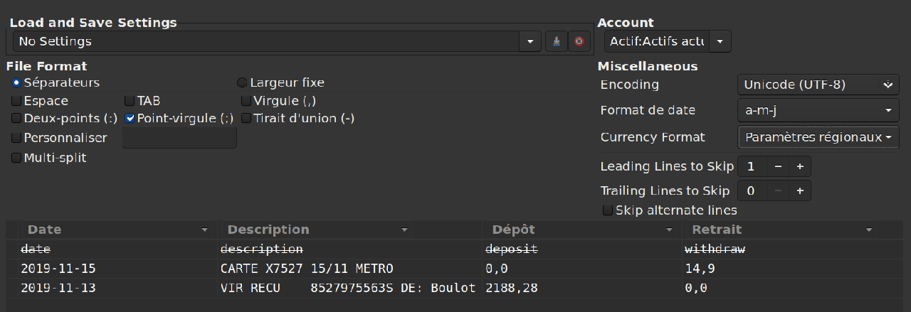 Aperçu de l'import dans GnuCash